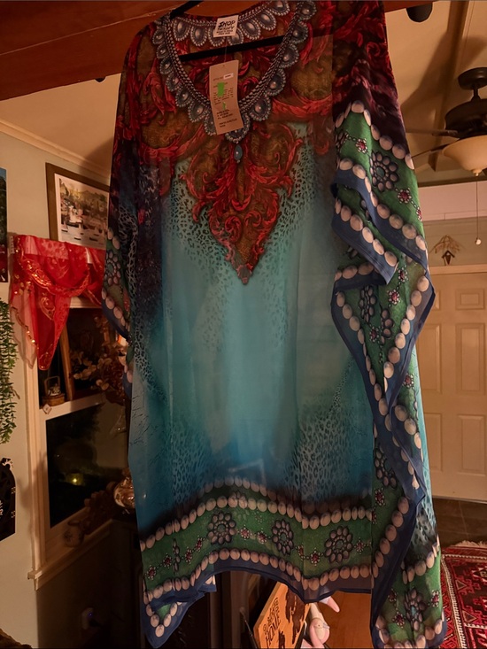 Dresses & Skirts - Vibrant Blue Green Sheer Embellished Kaftan